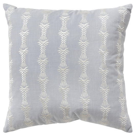 20" Light Blue and White Botanical Stripe Cotton Throw Pillow With Embroidery