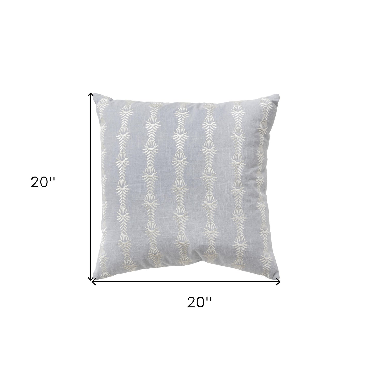 20" Light Blue and White Botanical Stripe Cotton Throw Pillow With Embroidery