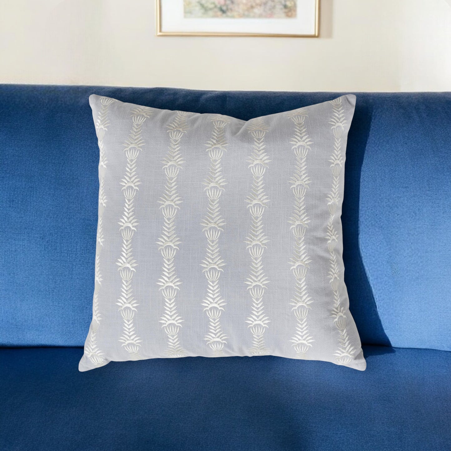 20" Light Blue and White Botanical Stripe Cotton Throw Pillow With Embroidery