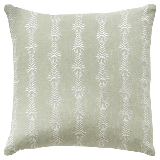 20" Green and White Cotton Throw Pillow With Embroidery