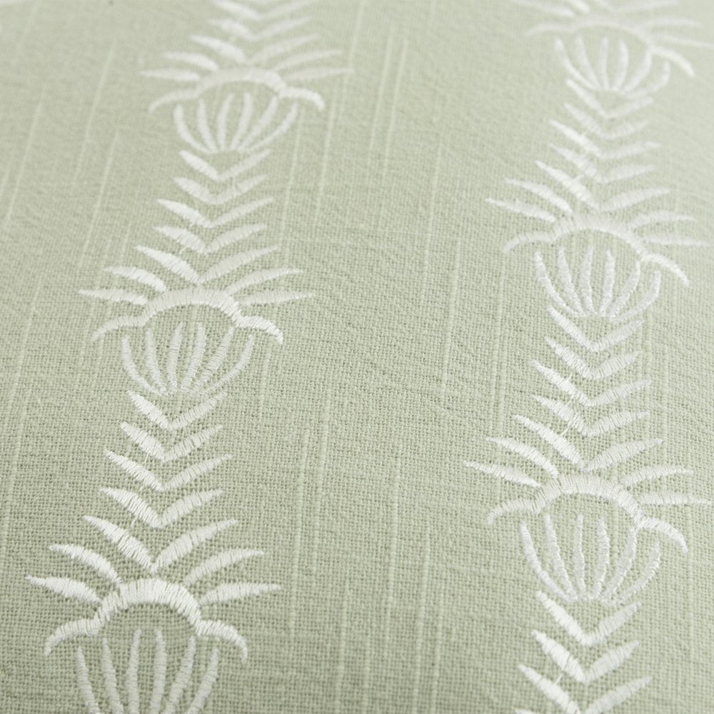 20" Green and White Cotton Throw Pillow With Embroidery