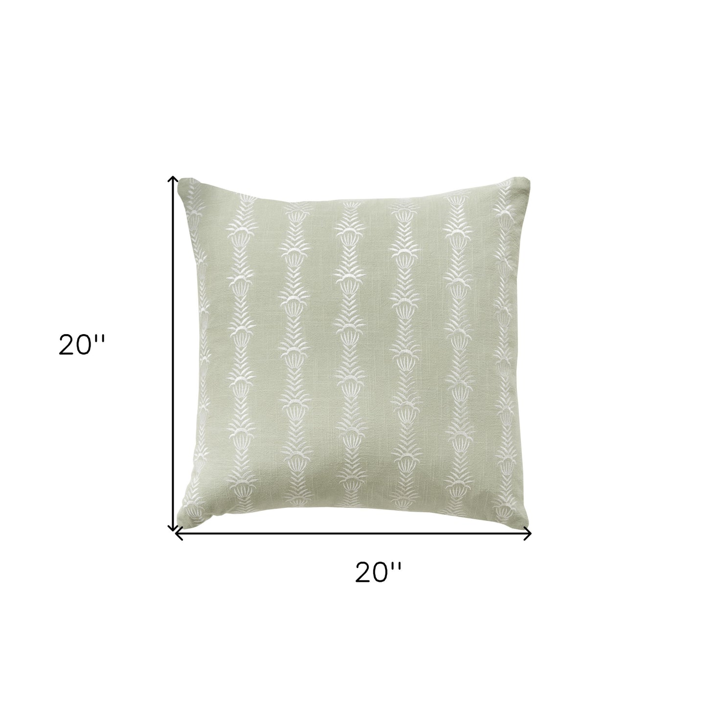 20" Green and White Botanical Stripe Cotton Throw Pillow With Embroidery