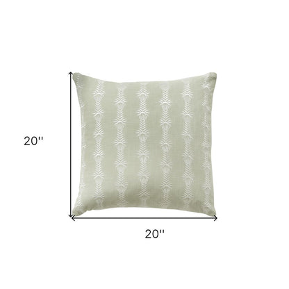 20" Green and White Cotton Throw Pillow With Embroidery