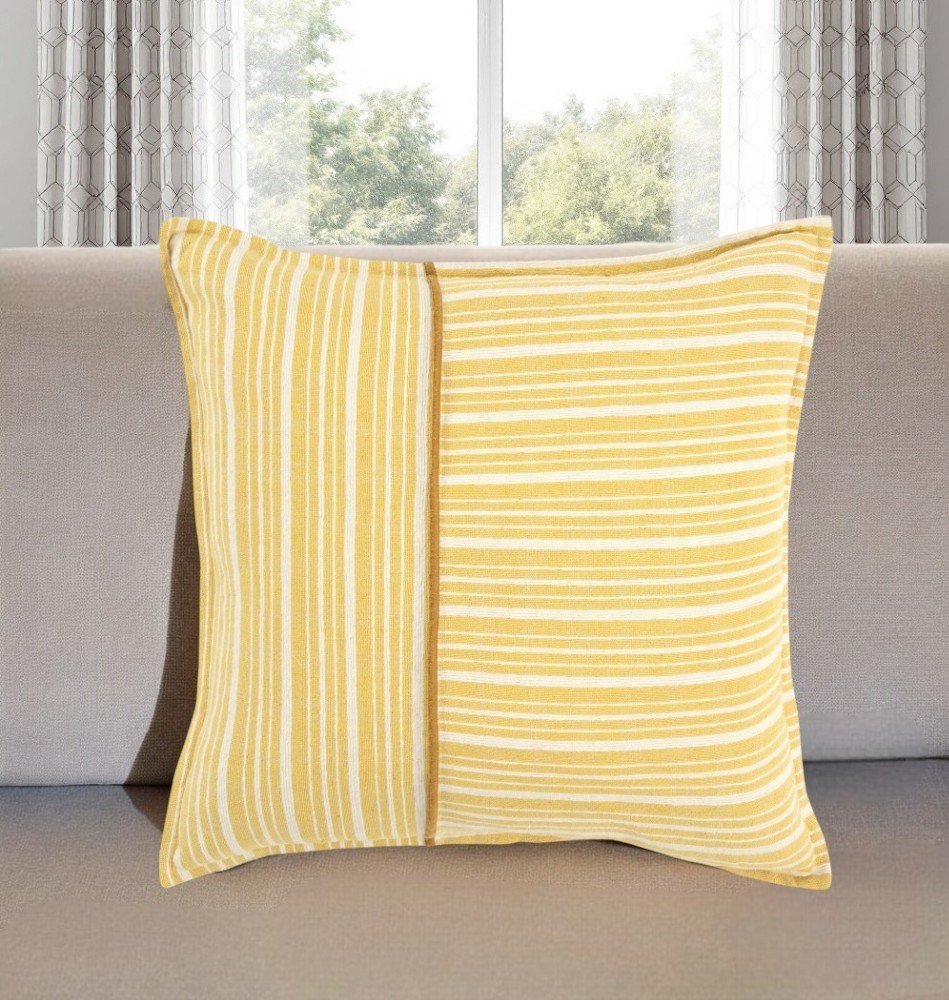 20" Yellow and White Cotton Pillow With Embroidery Edges