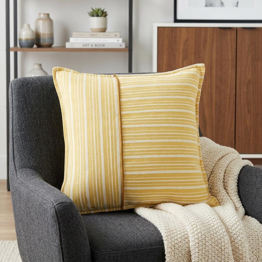 20" Yellow and White Cotton Pillow With Embroidery Edges