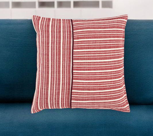 20" Red and Ivory Striped Cotton Throw Pillow