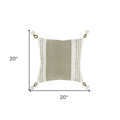 20" Green and White Color Block Cotton Throw Pillow With Tassels