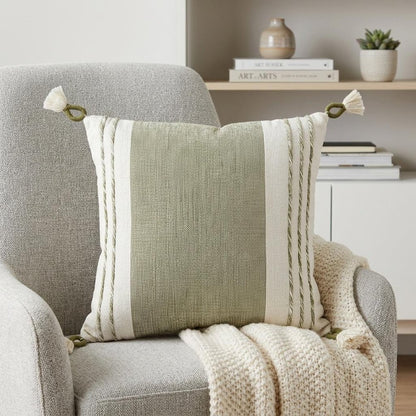 20" Green and White Color Block Cotton Throw Pillow With Tassels