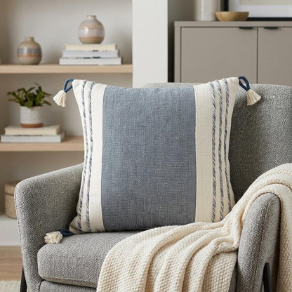 20" Blue and White Color Block Cotton Throw Pillow With Tassels