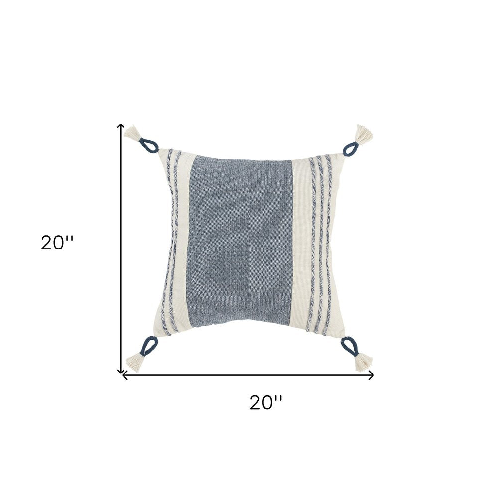 20" Blue and White Color Block Cotton Throw Pillow With Tassels