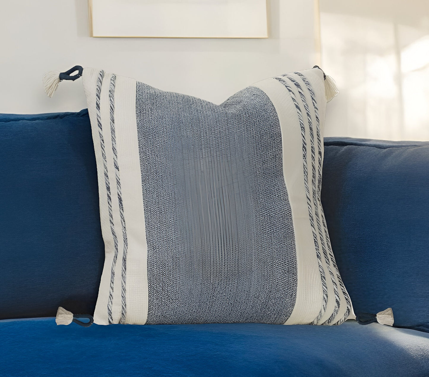 20" Blue and White Color Block Cotton Throw Pillow With Tassels