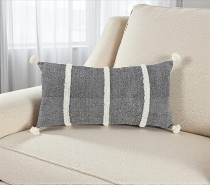 14" X 26" Black And White Weave Cotton Throw Pillow with Tassels