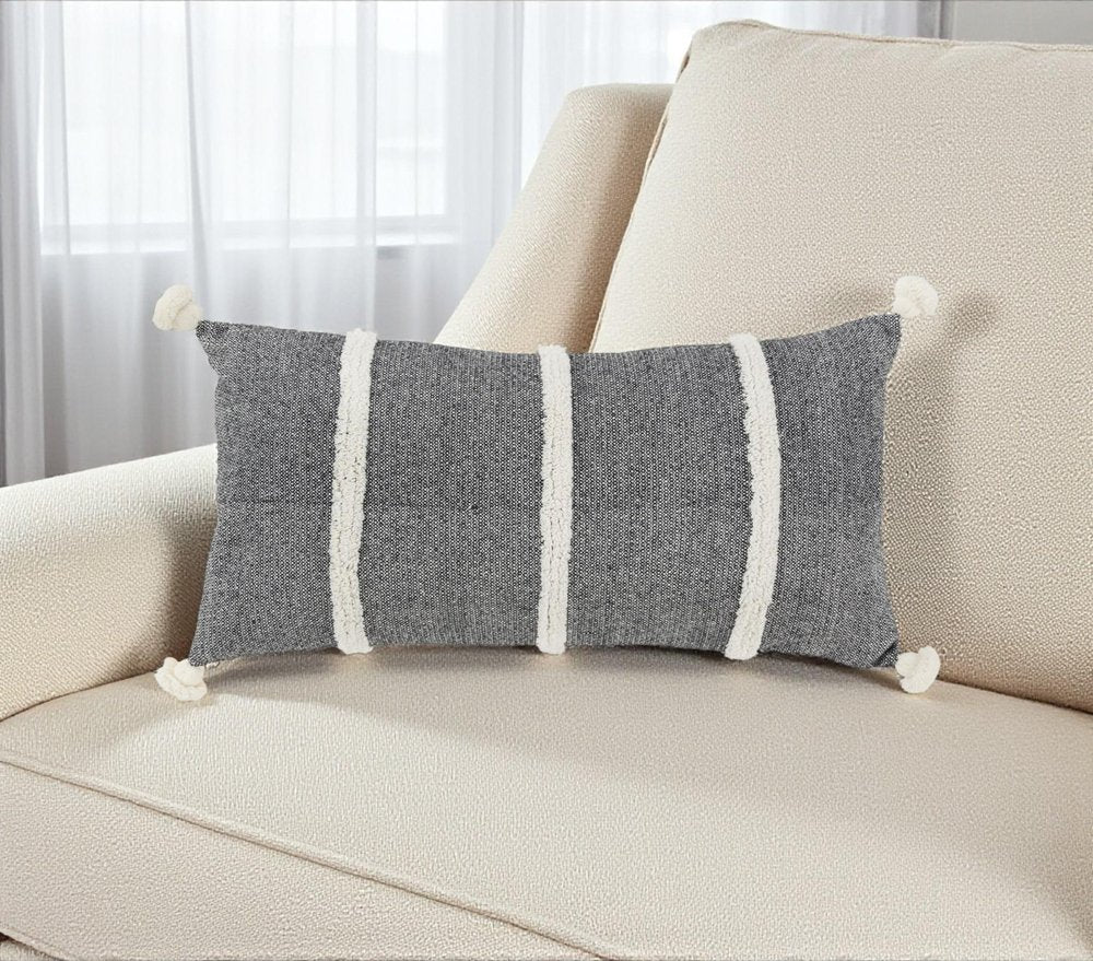 14" X 26" Black And White Weave Cotton Throw Pillow with Tassels