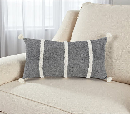 14" X 14" Black and White Cotton Pillow With Tassels Edges