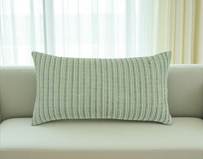 14" X 26" Green Lumbar Striped Cotton Blend Throw Pillow