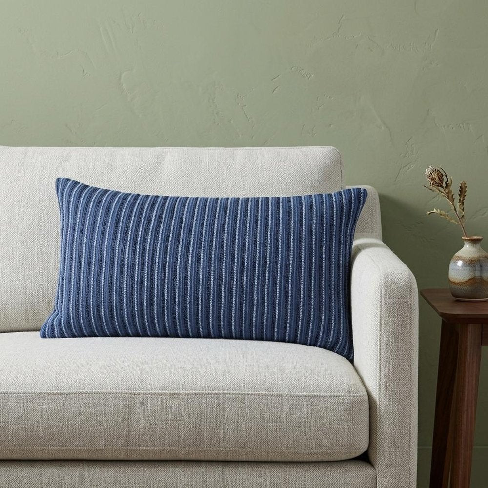 14" X 26" Blue Lumbar Striped Cotton Blend Throw Pillow