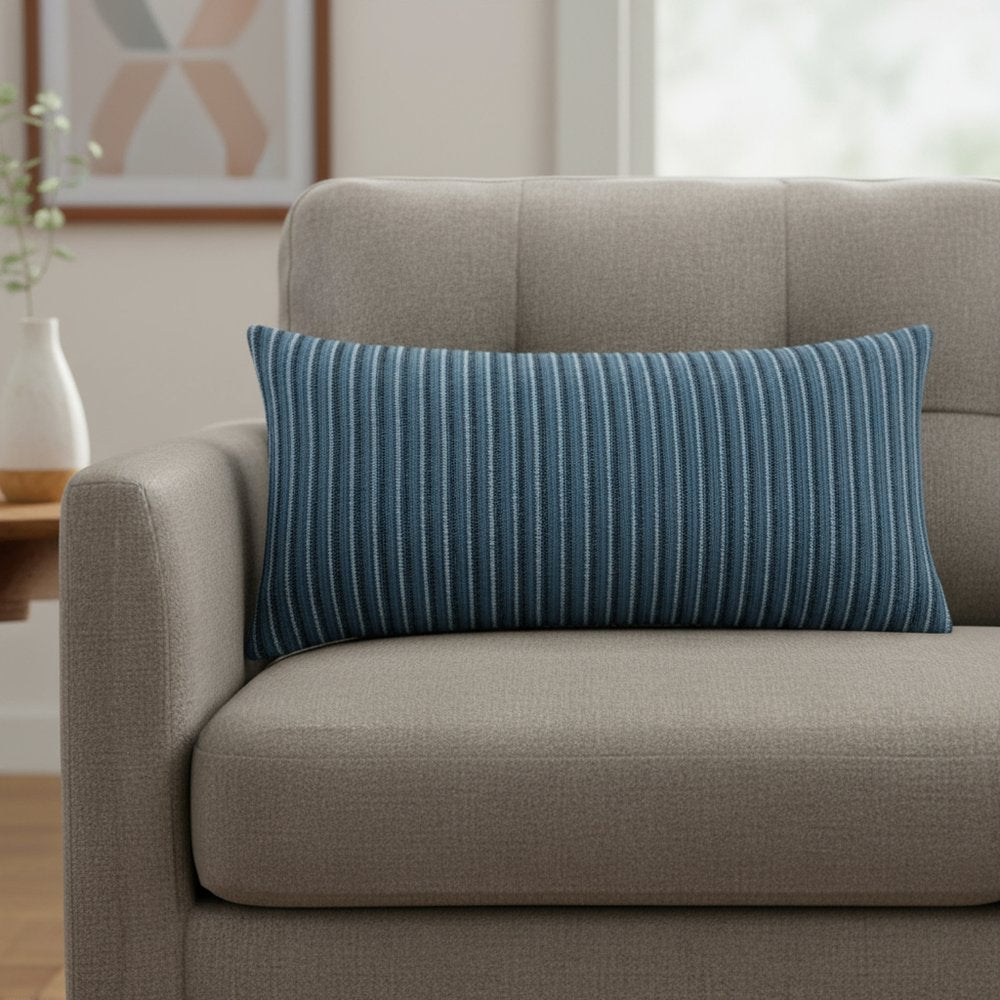 14" X 26" Blue Striped Cotton Blend Lumbar Throw Pillow