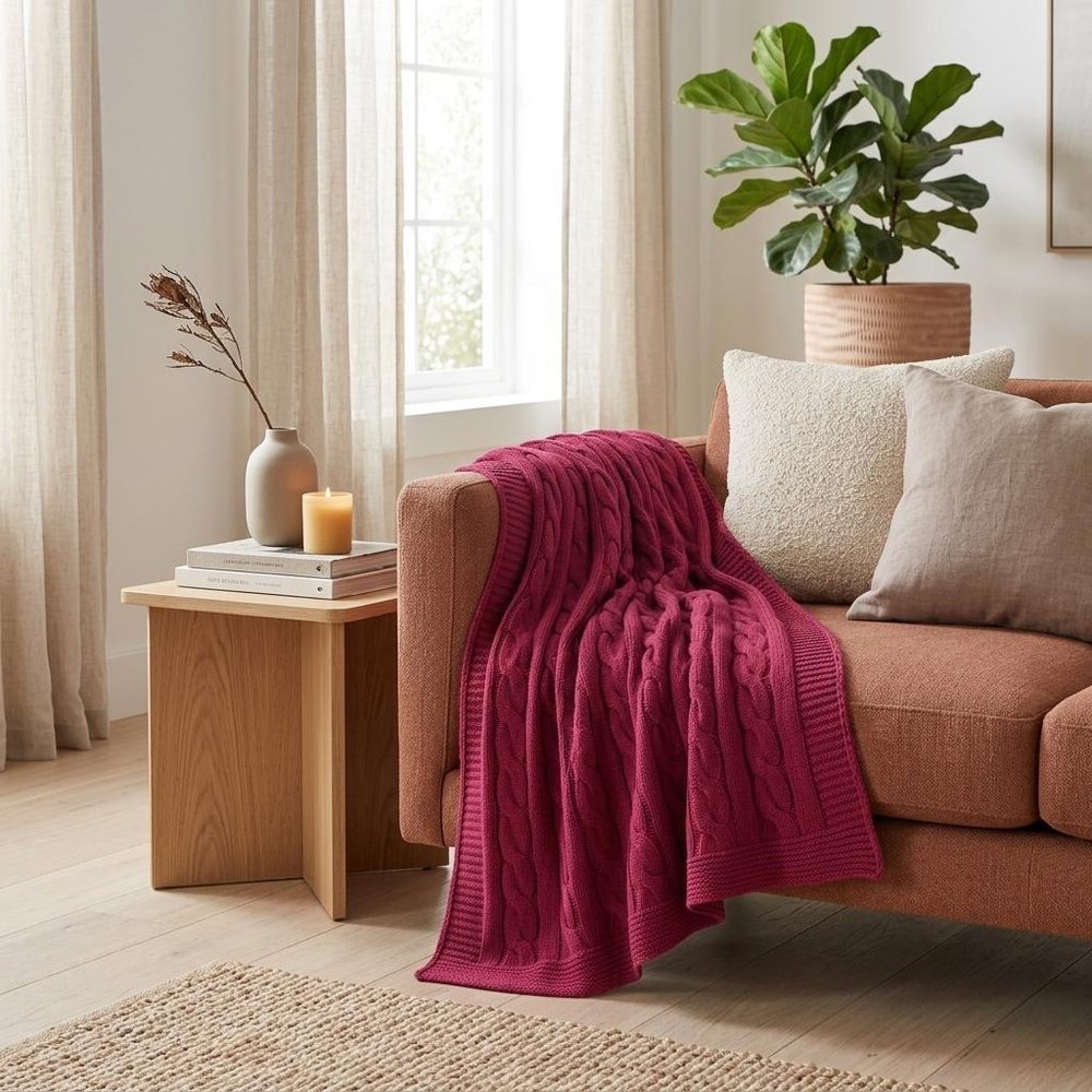 Red Knitted 100% Cotton Throw Blanket