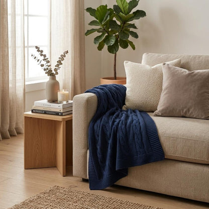 Blue Knitted 100% Cotton Throw Blanket
