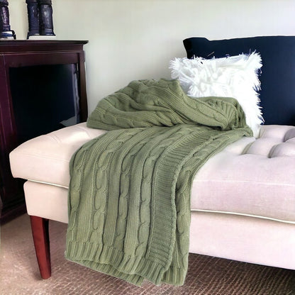 50" X 60" Olive Green Cotton Knitted Striped Throw Blanket