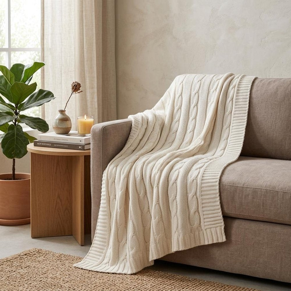 Ivory Knitted 100% Cotton Throw Blanket