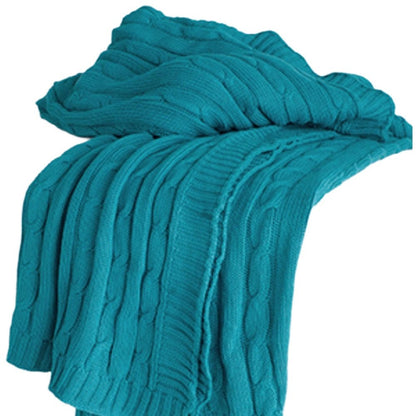 50" X 60" Teal Blue Cotton Cable Knitted Striped Throw Blanket