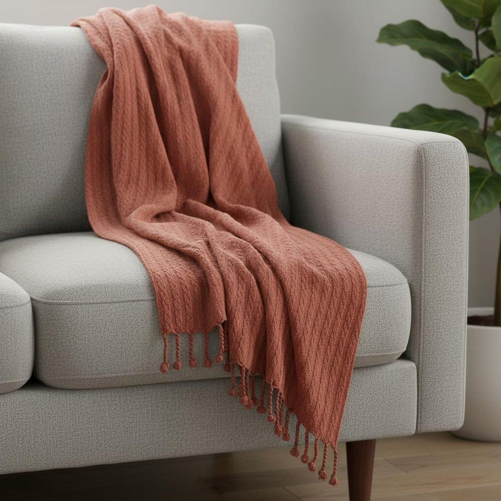 50" X 60" Burnt Orange Cotton Knitted Striped Throw Blanket with Tassels
