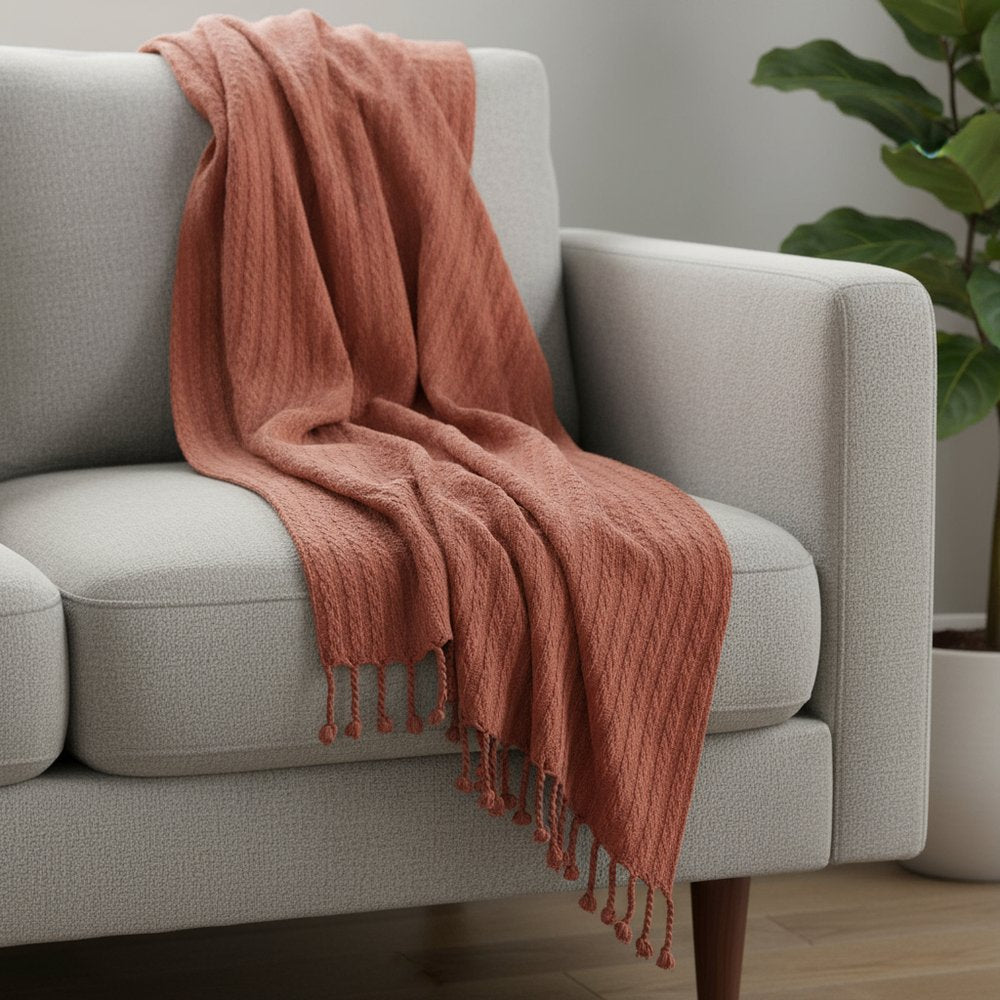 50" X 60" Burnt Orange Cotton Knitted Striped Throw Blanket with Tassels