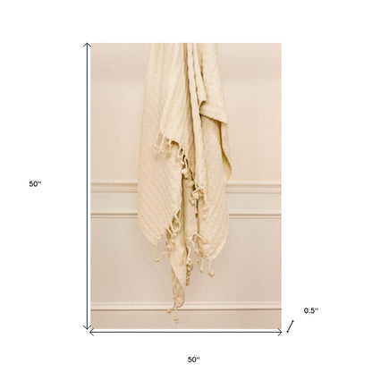 Ivory Knitted 100% Cotton Throw Blanket