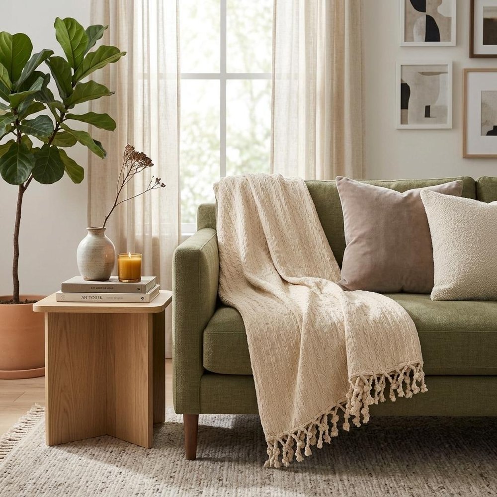Ivory Knitted 100% Cotton Throw Blanket