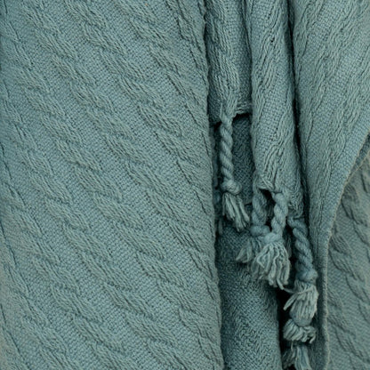 50" X 60" Teal Cotton Cable Knit Throw Blanket with Tassels