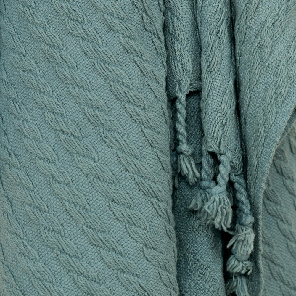 50" X 60" Teal Cotton Cable Knit Throw Blanket with Tassels