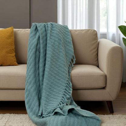 50" X 60" Teal Cotton Cable Knit Throw Blanket with Tassels
