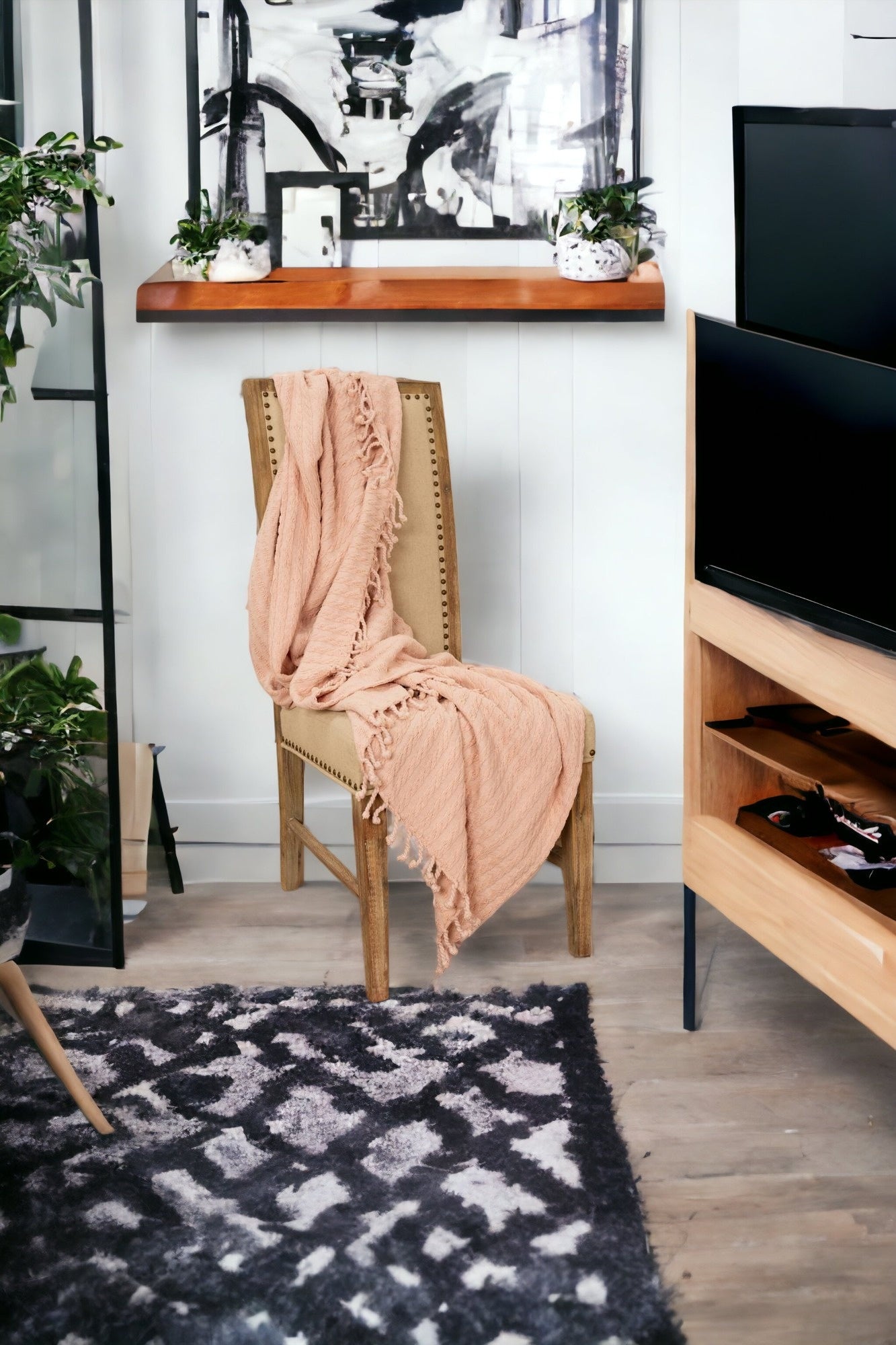 Blush Knitted Throw Blanket with Fringe