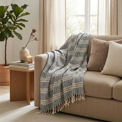 Blue Woven 100% Cotton Throw Blanket