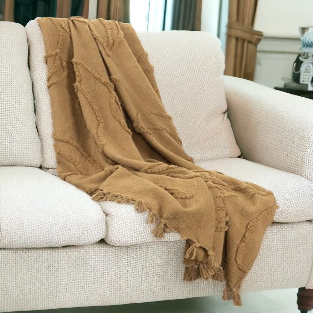 50" X 50" Camel Floral Cotton Woven Throw Blanket
