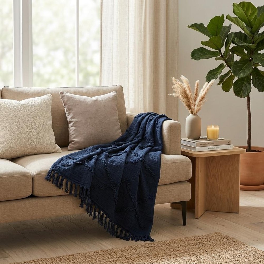 50" X 50" Blue Floral Cotton Woven Throw Blanket with Fringe