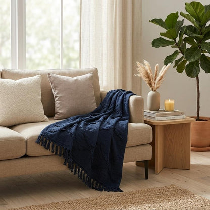50" X 50" Blue Floral Cotton Woven Throw Blanket with Fringe