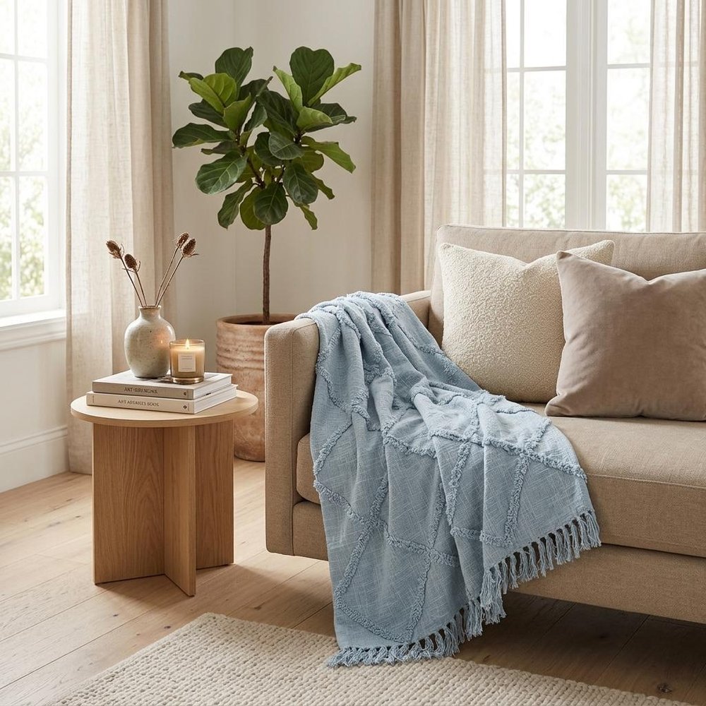 50" X 60" Light Blue Cotton Woven Throw Blanket with Tassels And Fringe
