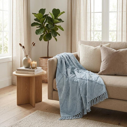 50" X 60" Light Blue Cotton Woven Throw Blanket with Tassels And Fringe