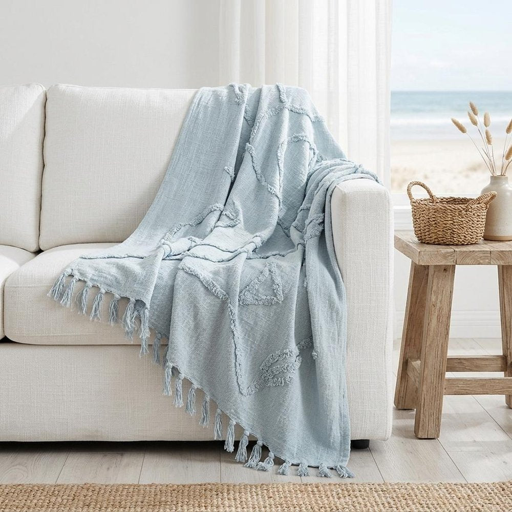 50" X 60" Light Blue Cotton Woven Throw Blanket with Tassels And Fringe