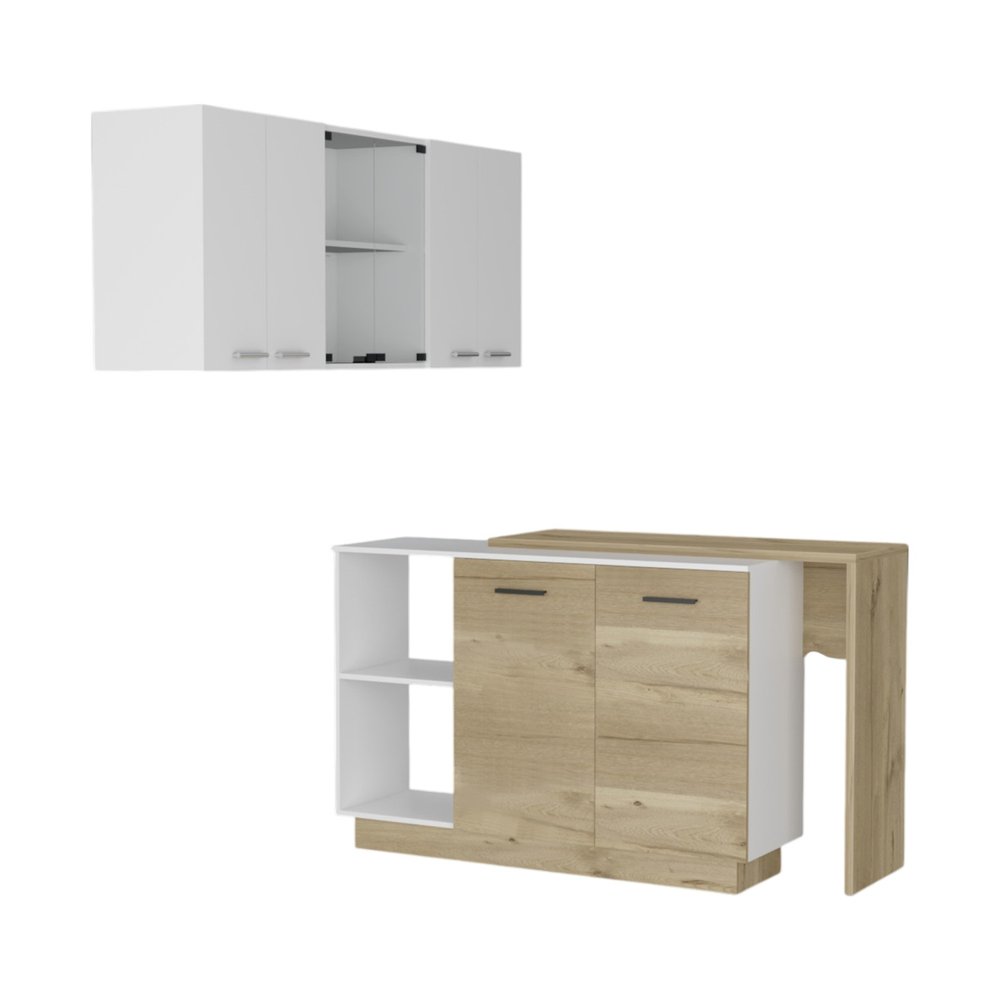59" Natural White and Brown Wood Kitchen Island Set With Storage