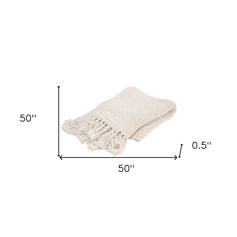 50" X 60" White Cotton Knitted Throw Blanket with Fringe