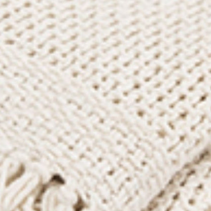 50" X 60" White Cotton Knitted Throw Blanket with Fringe