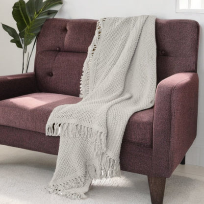 50" X 60" White Cotton Knitted Throw Blanket with Fringe