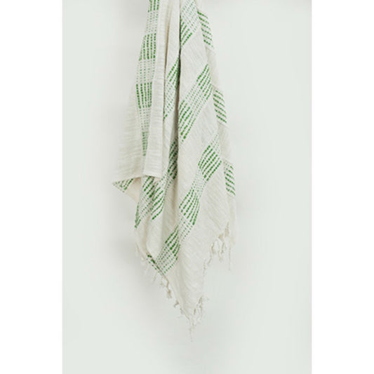 Gray and Green Woven Cotton Throw Blanket with Fringe