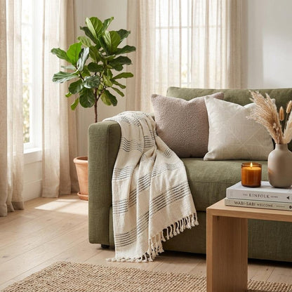 Beige and Gray Woven Cotton Throw Blanket with Fringe