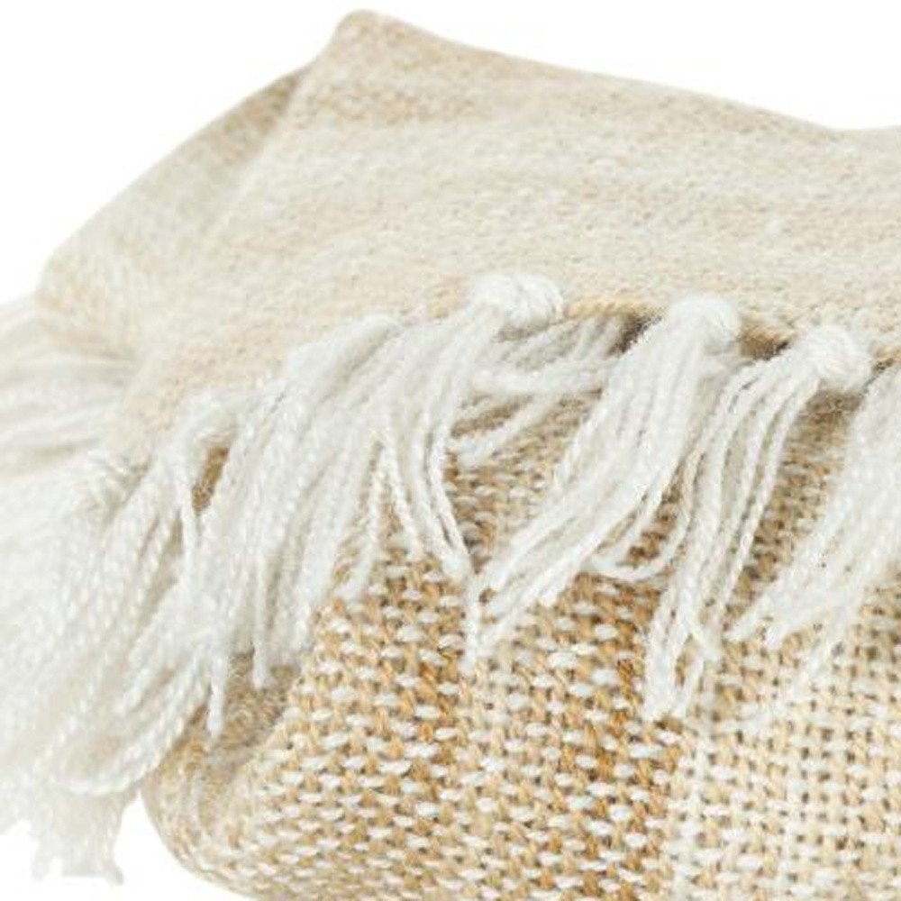 50" X 60" Beige Brown And Ivory Recycled Poly PET Striped Throw Blanket with Tassels