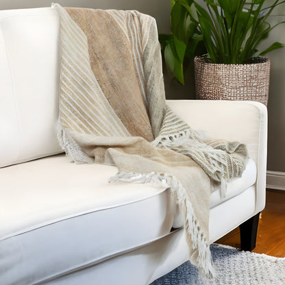 50" X 60" Beige Brown And Ivory Recycled Poly PET Striped Throw Blanket with Tassels