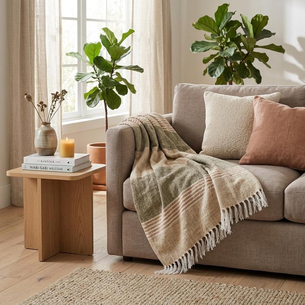50" X 60" Beige Brown And Ivory Recycled Poly PET Striped Throw Blanket with Tassels